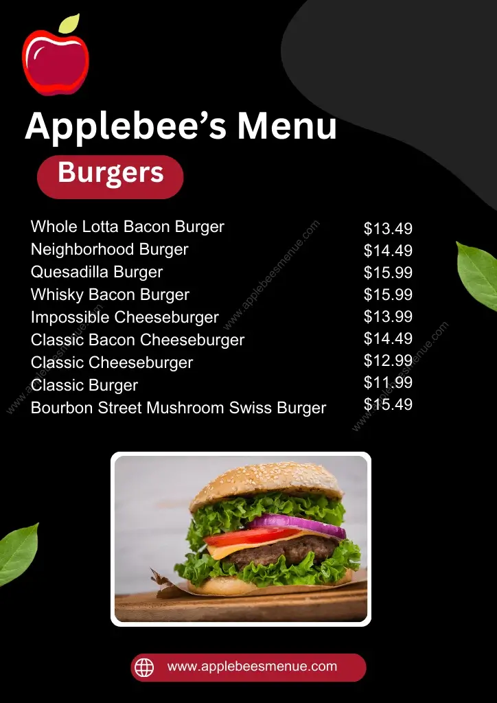 Applebees menu with Prices Burgers